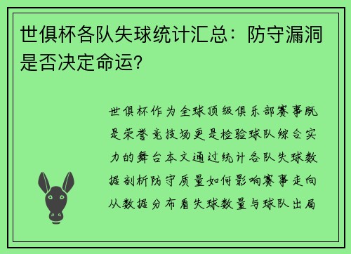 世俱杯各队失球统计汇总：防守漏洞是否决定命运？