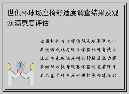 世俱杯球场座椅舒适度调查结果及观众满意度评估